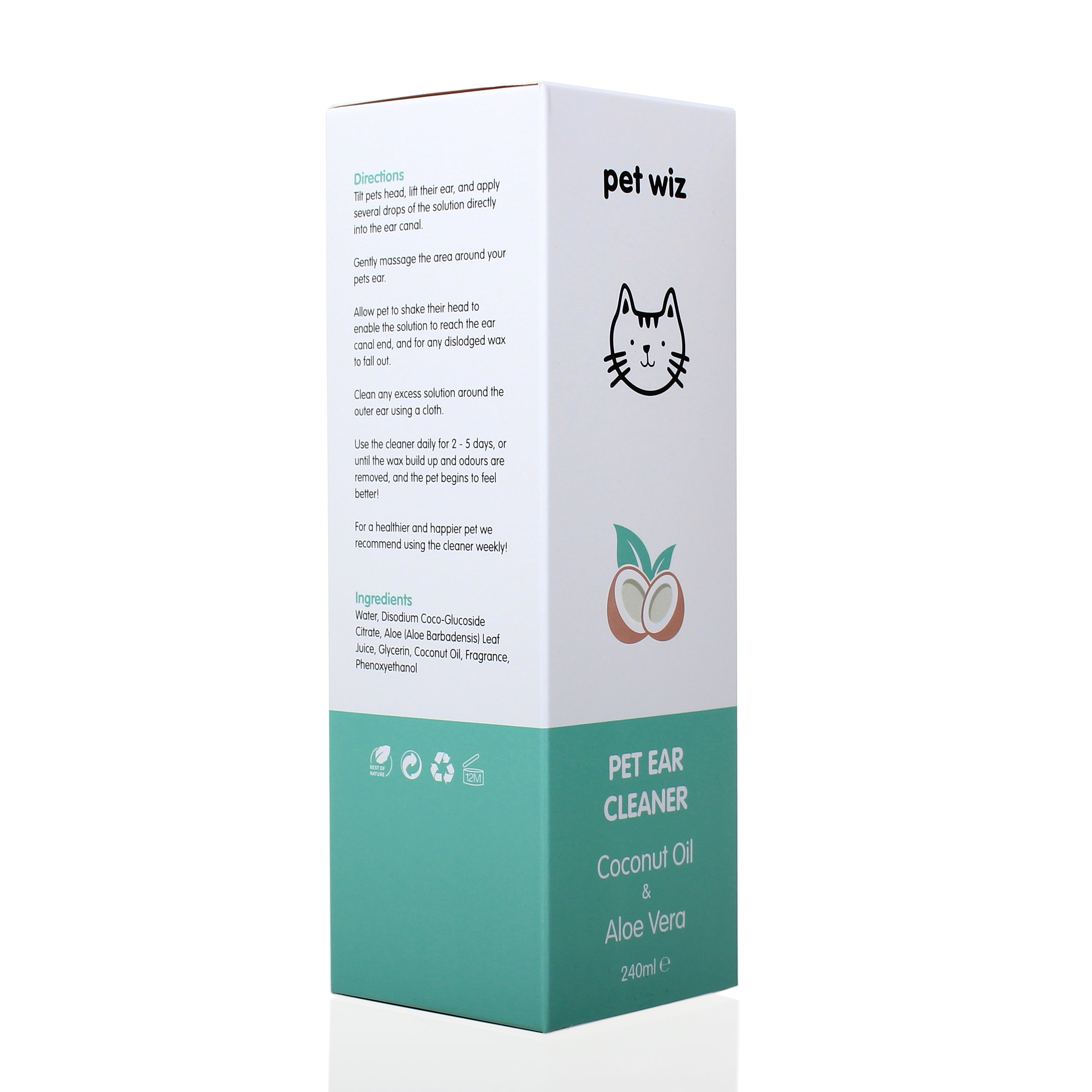 Pet Wiz Ear Cleaner for Dogs and Cats with coconut oil and aloe vera, designed for safe and gentle ear cleaning.