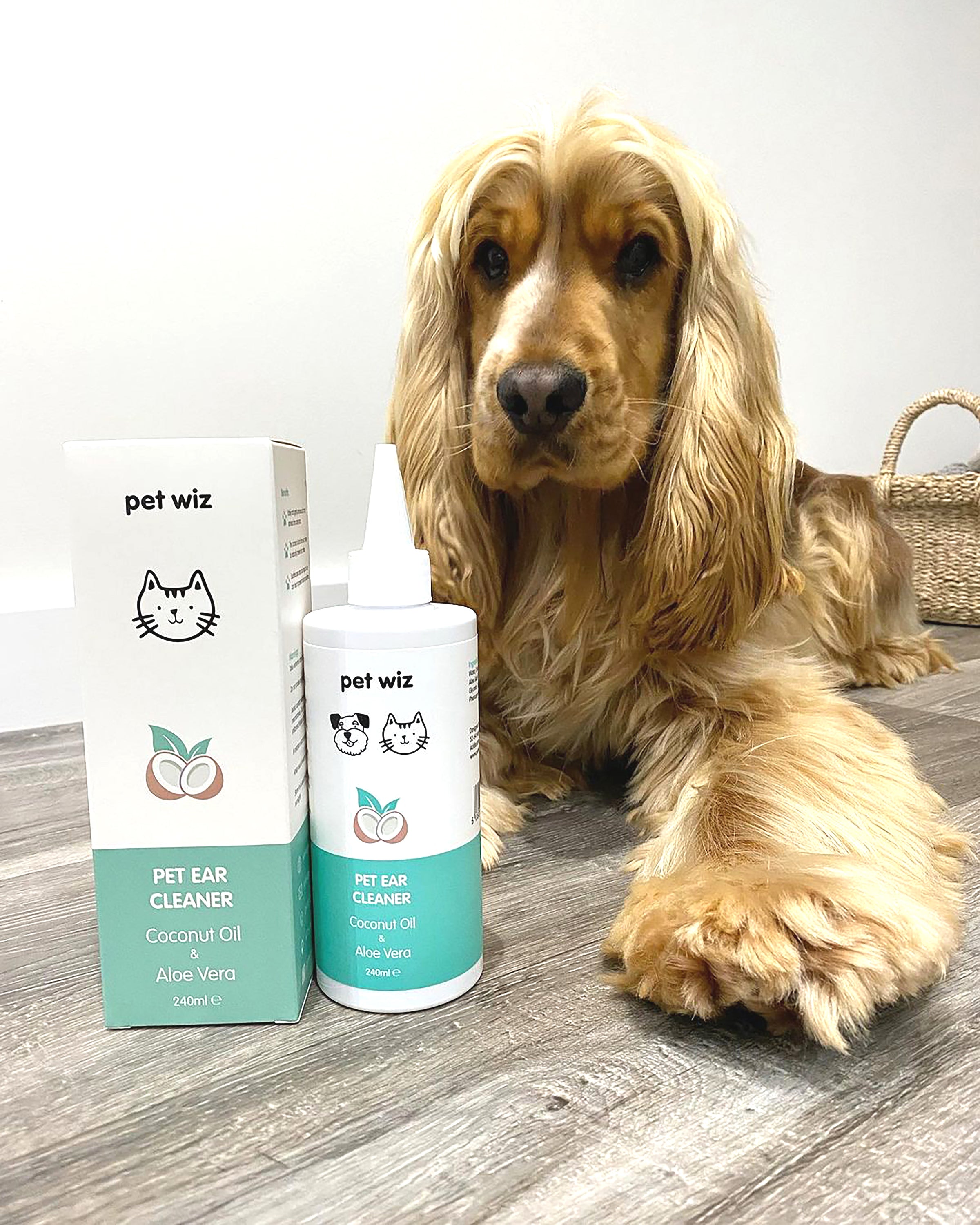 Pet Wiz Ear Cleaner for Dogs and Cats with coconut oil and aloe vera, designed for safe and gentle ear cleaning.
