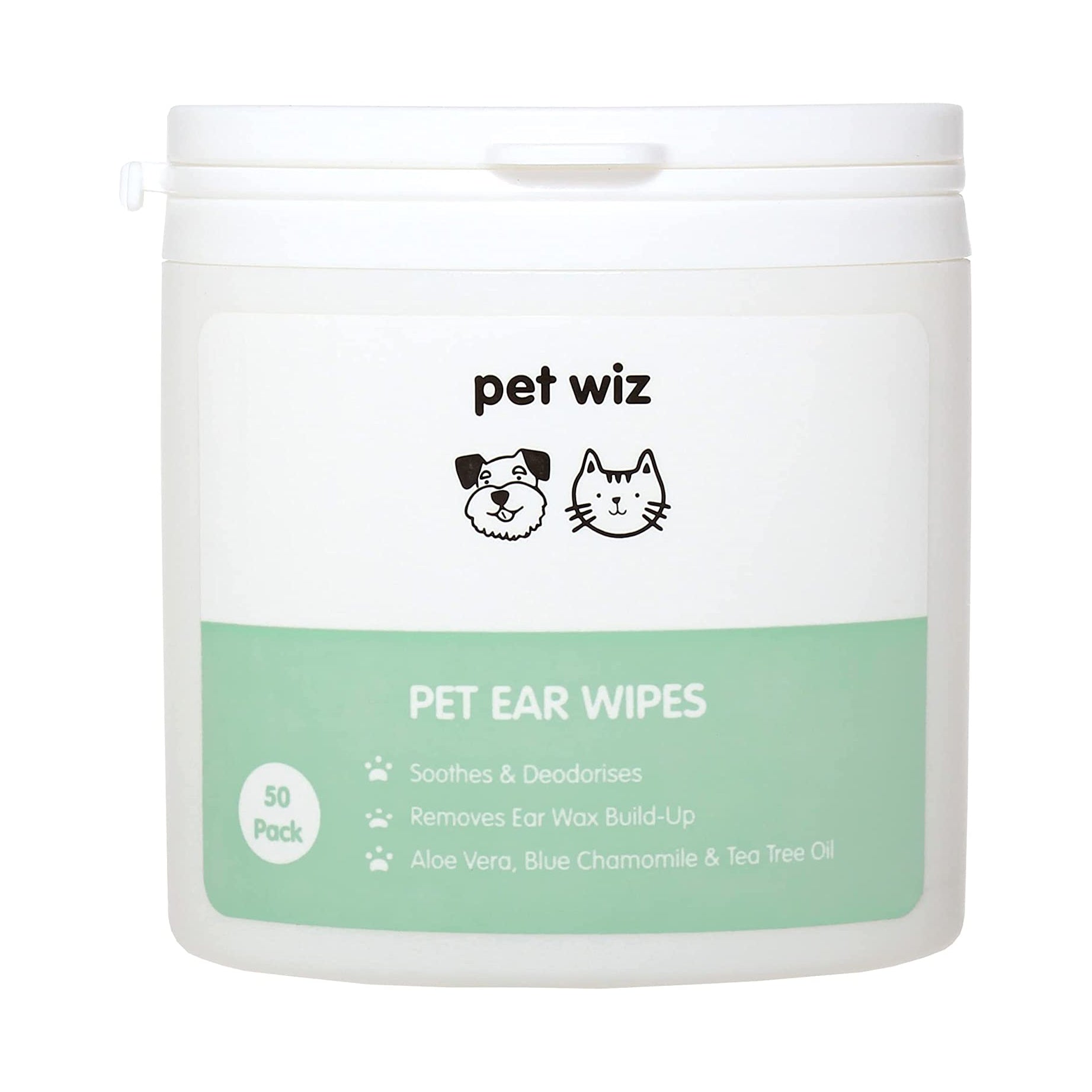 A tub of Ear Wipes for Dogs & Cats, featuring natural ingredients like Aloe Vera and tea tree oil, designed for easy ear cleaning.