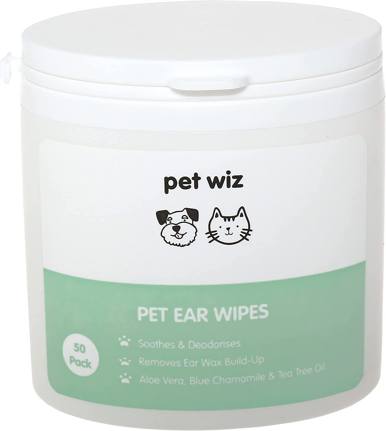 A tub of Ear Wipes for Dogs & Cats, featuring natural ingredients like Aloe Vera and tea tree oil, designed for easy ear cleaning.