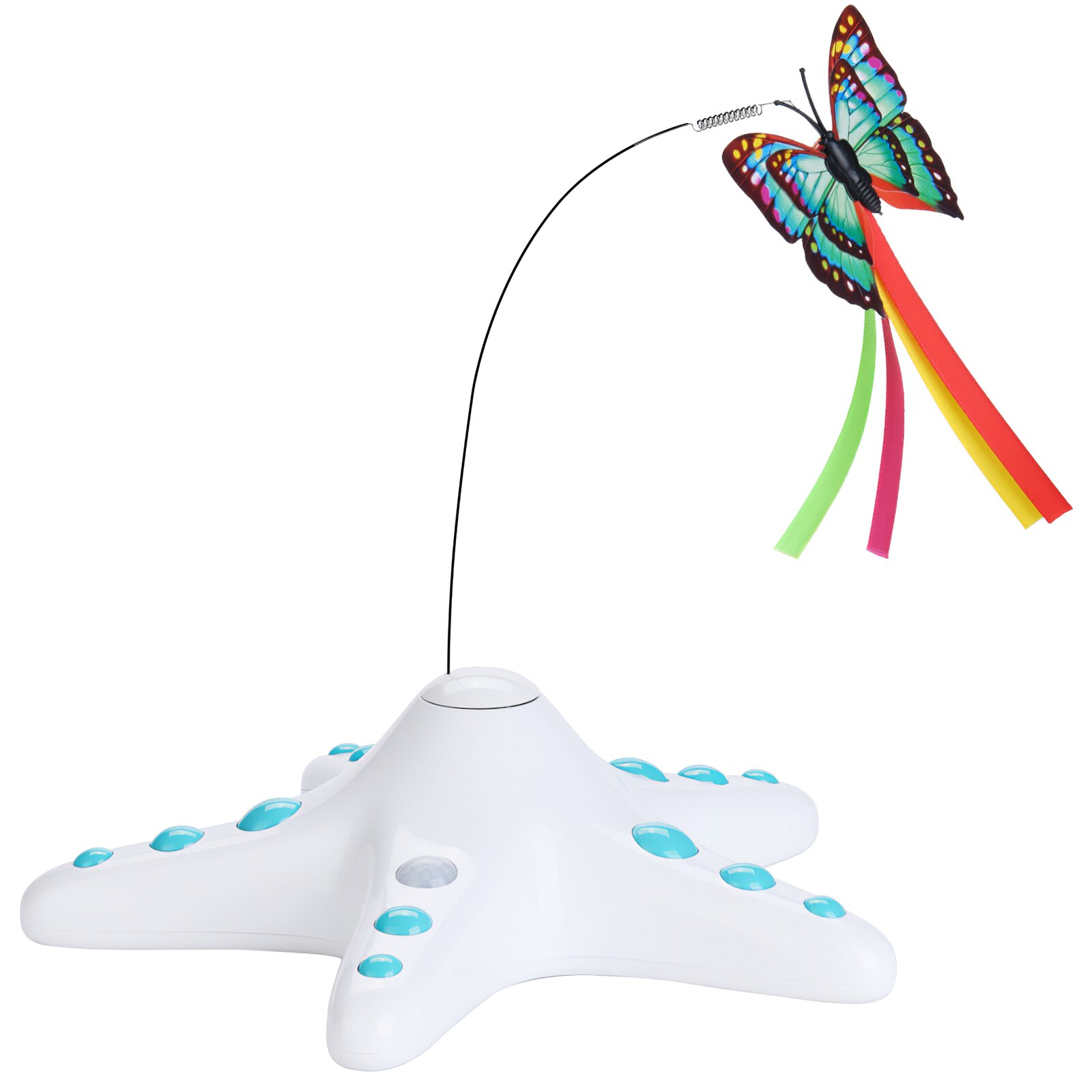 Electric cat toy featuring a fluttering butterfly on a starfish-shaped base, designed for interactive play.