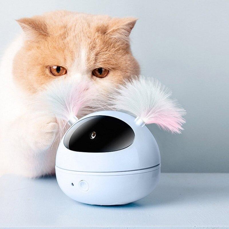 Electric Interactive Cat Toy Ball with feathers and infrared light, designed for engaging indoor play for cats.