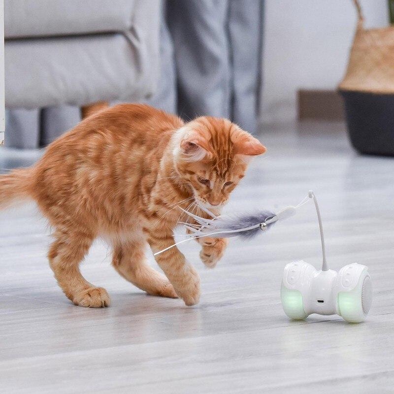 Electric Pet Smart Interactive Cat Toy featuring a luminous remote control car with LED lights and feather toys for cats.