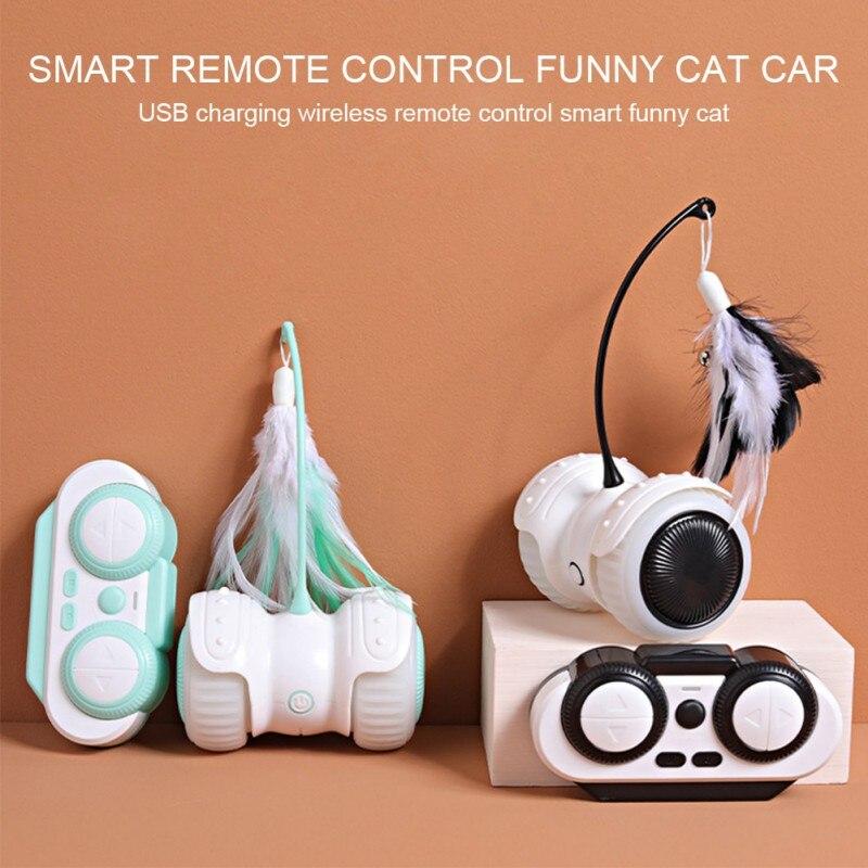 Electric Pet Smart Interactive Cat Toy featuring a luminous remote control car with LED lights and feather toys for cats.