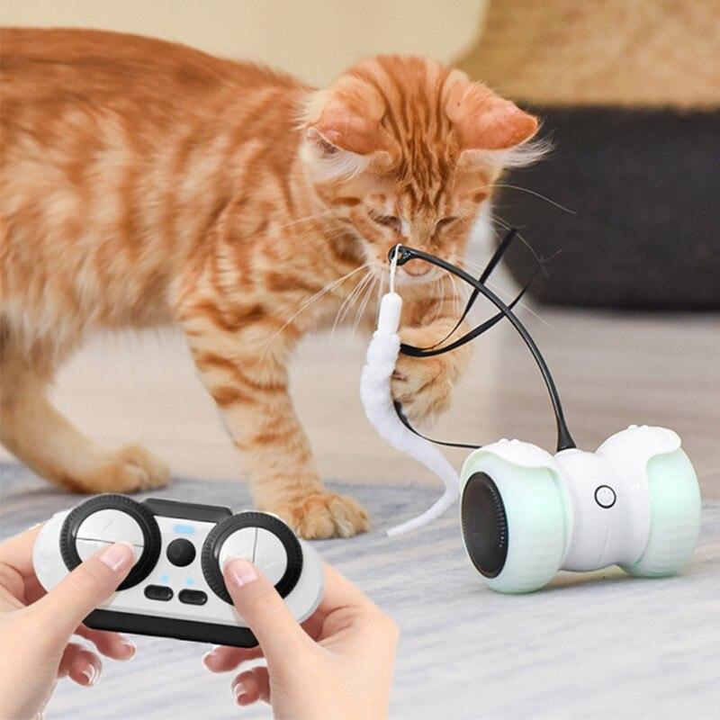 Electric Pet Smart Interactive Cat Toy featuring a luminous remote control car with LED lights and feather toys for cats.