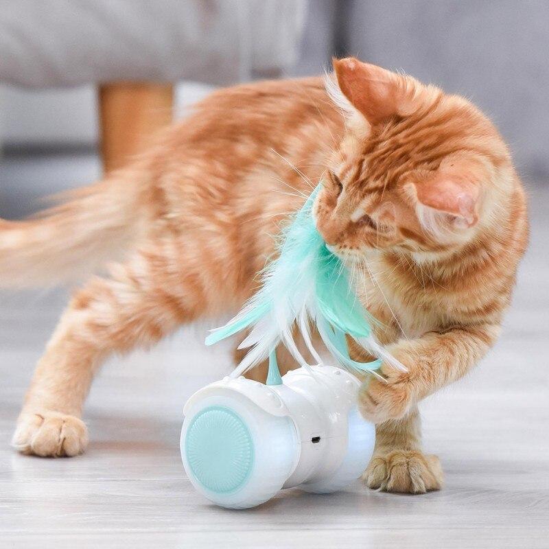 Electric Pet Smart Interactive Cat Toy featuring a luminous remote control car with LED lights and feather toys for cats.