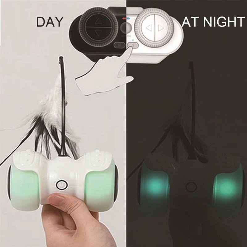 Electric Pet Smart Interactive Cat Toy featuring a luminous remote control car with LED lights and feather toys for cats.