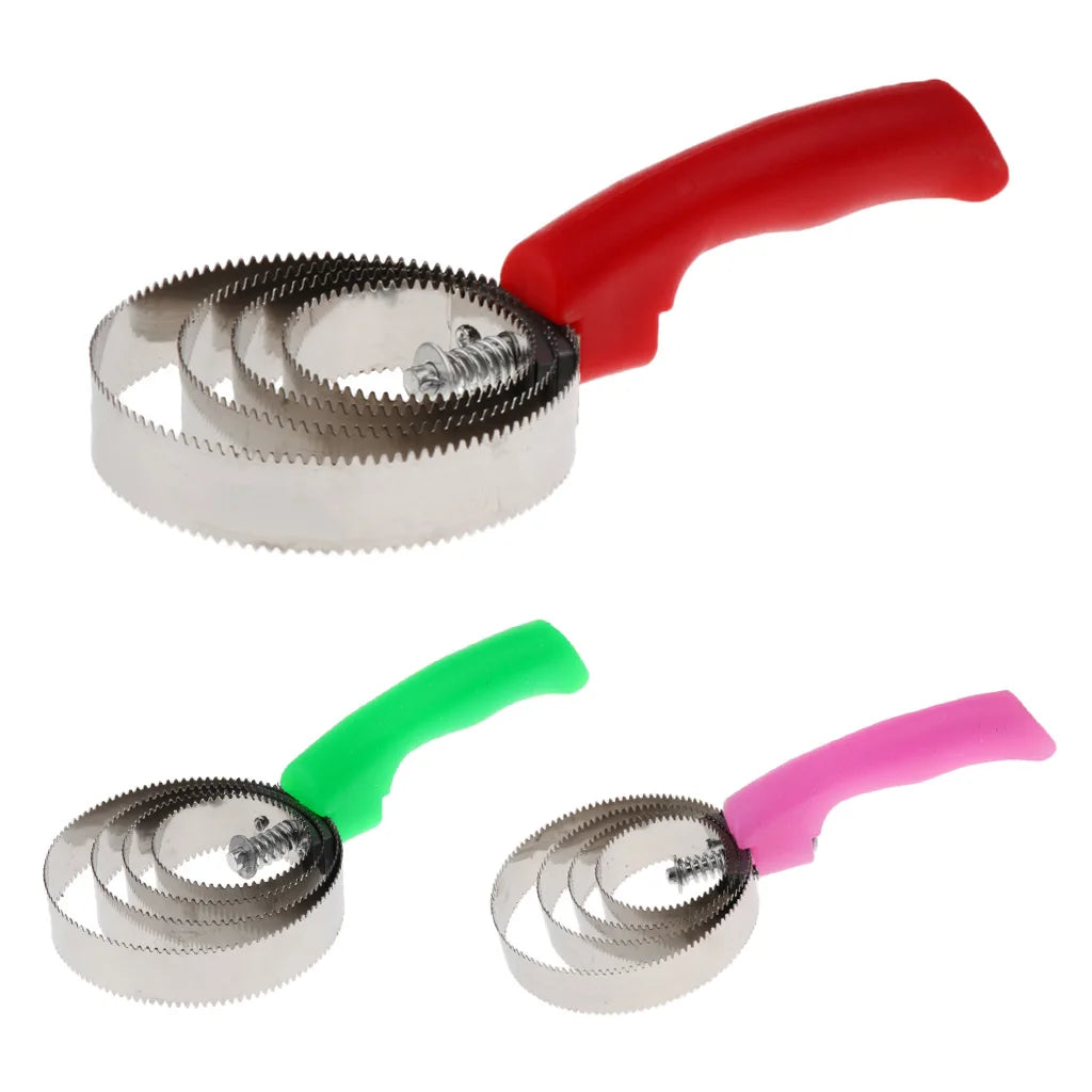Equestrian Horse Currycomb made of stainless steel with a plastic grip handle, ideal for grooming horses, cats, and dogs.