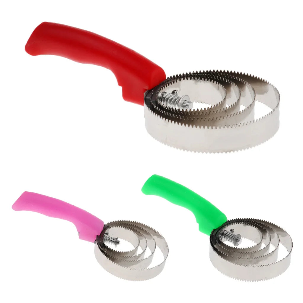 Equestrian Horse Currycomb made of stainless steel with a plastic grip handle, ideal for grooming horses, cats, and dogs.