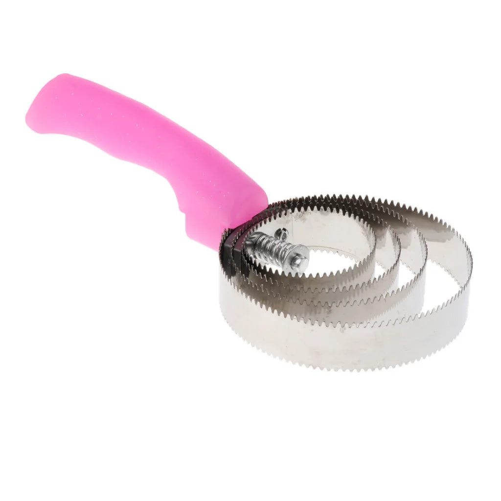 Equestrian Horse Currycomb made of stainless steel with a plastic grip handle, ideal for grooming horses, cats, and dogs.