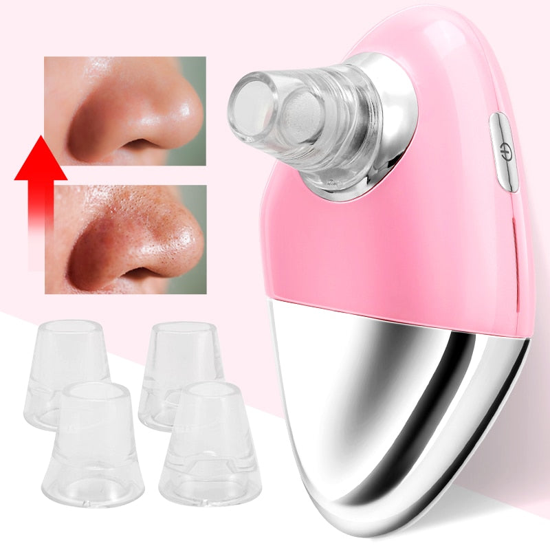 Facial Blackhead Remover Electric Acne Cleaner Device in pink and green with interchangeable suction heads and USB charging cable.