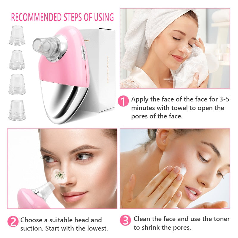 Facial Blackhead Remover Electric Acne Cleaner Device in pink and green with interchangeable suction heads and USB charging cable.