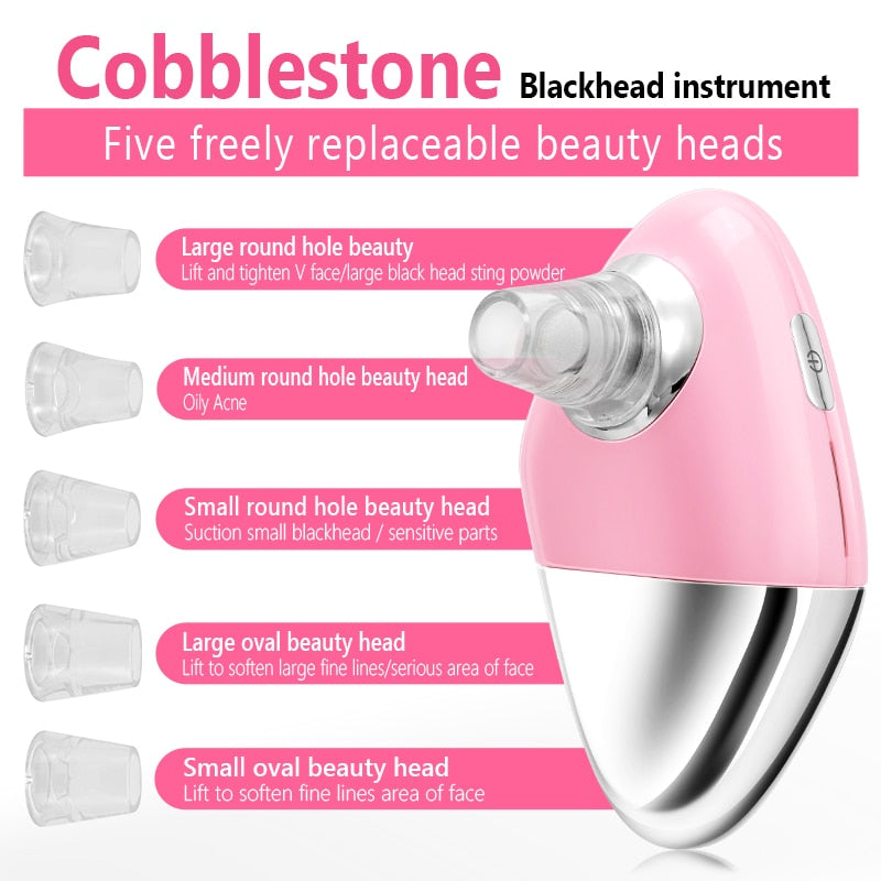 Facial Blackhead Remover Electric Acne Cleaner Device in pink and green with interchangeable suction heads and USB charging cable.