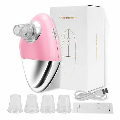 Facial Blackhead Remover Electric Acne Cleaner Device in pink and green with interchangeable suction heads and USB charging cable.