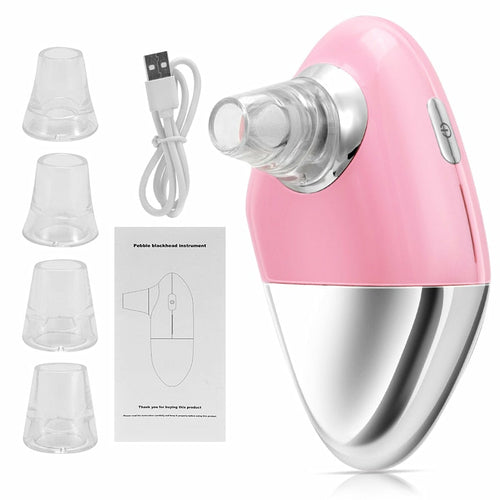 Facial Blackhead Remover Electric Acne Cleaner Device in pink and green with interchangeable suction heads and USB charging cable.