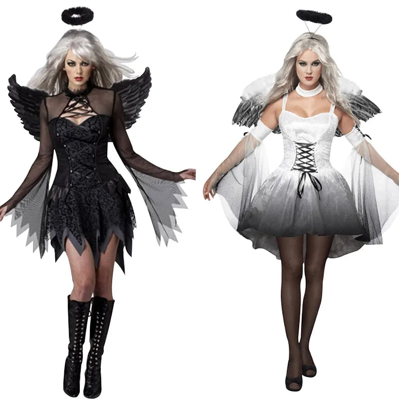 A stunning Fallen Angel Halloween costume featuring dark feathered wings and an elegant dress, perfect for captivating Halloween parties.