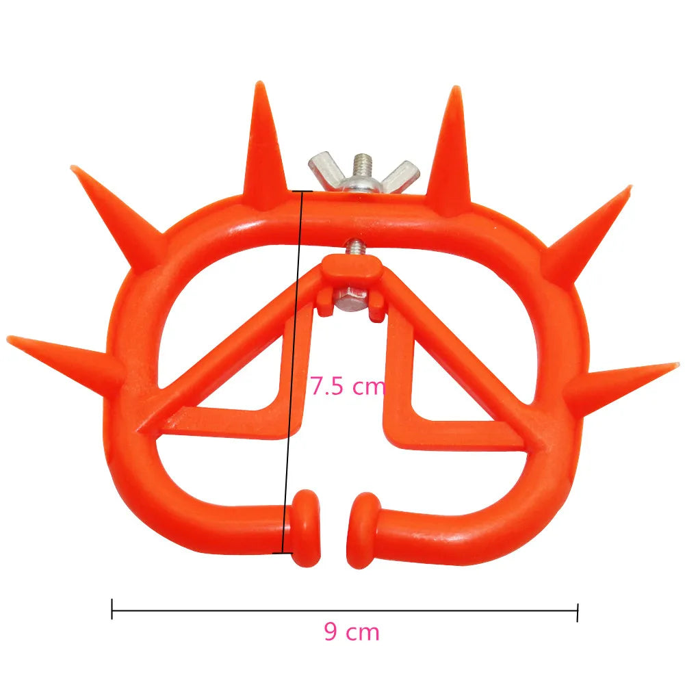 Red plastic calf weaner designed for effective cattle weaning, featuring puncturing thorns for discouraging nursing.