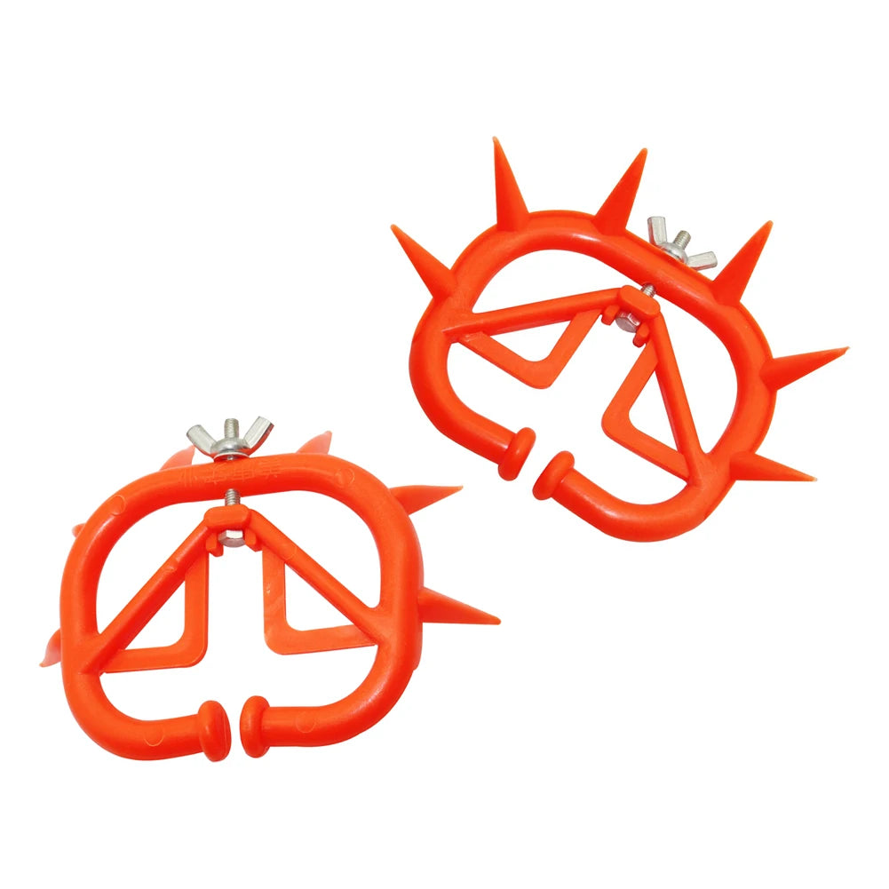 Red plastic calf weaner designed for effective cattle weaning, featuring puncturing thorns for discouraging nursing.