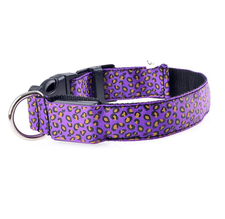 Fashion Leopard Adjustable LED Dog Collar with bright lights and adjustable sizes, showcasing a stylish leopard print design.