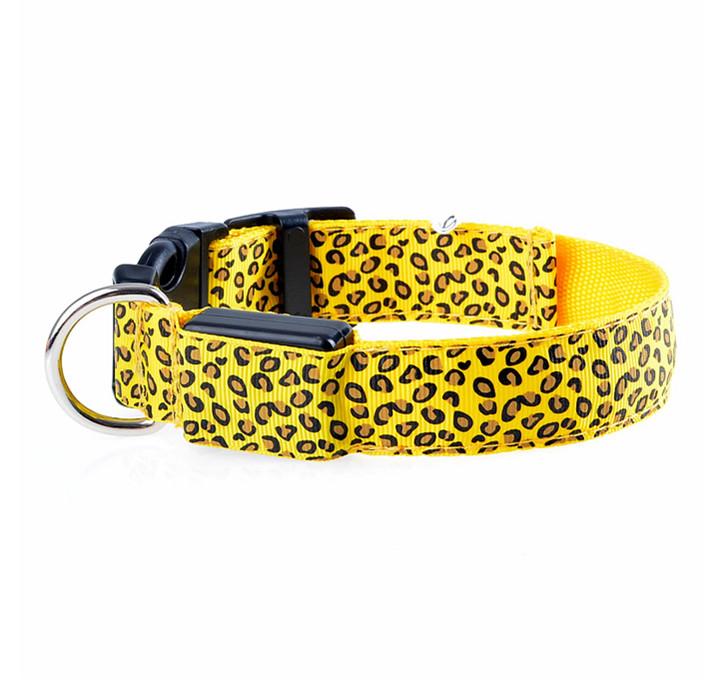 Fashion Leopard Adjustable LED Dog Collar with bright lights and adjustable sizes, showcasing a stylish leopard print design.