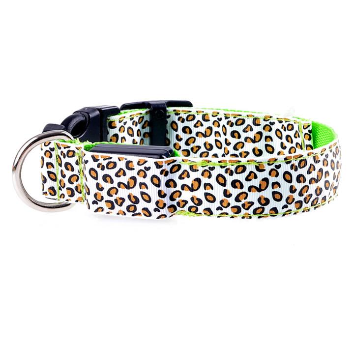Fashion Leopard Adjustable LED Dog Collar with bright lights and adjustable sizes, showcasing a stylish leopard print design.