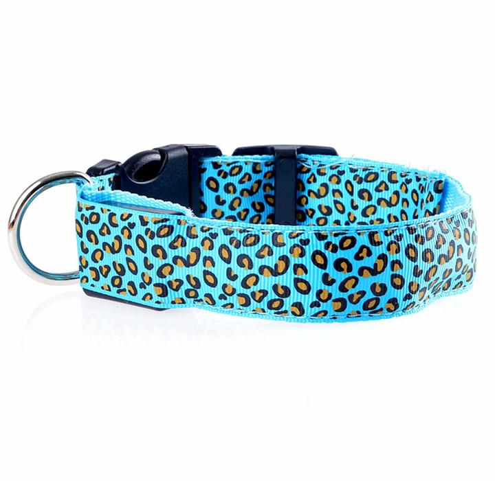 Fashion Leopard Adjustable LED Dog Collar with bright lights and adjustable sizes, showcasing a stylish leopard print design.