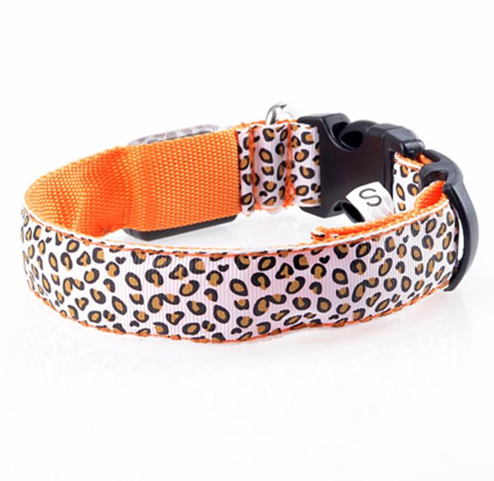 Fashion Leopard Adjustable LED Dog Collar with bright lights and adjustable sizes, showcasing a stylish leopard print design.