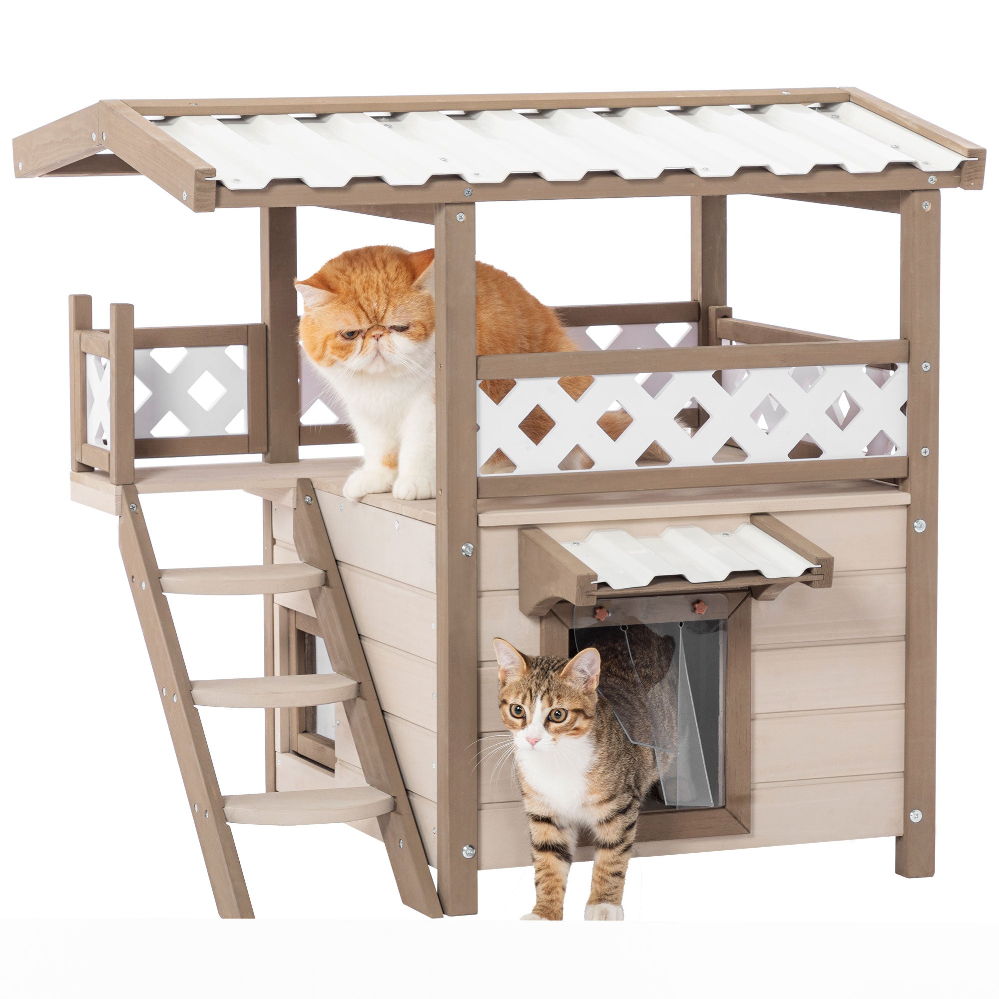 Feral Cat House designed for outdoor and indoor use, featuring a durable PVC roof, escape door, and two-story design for multiple cats.