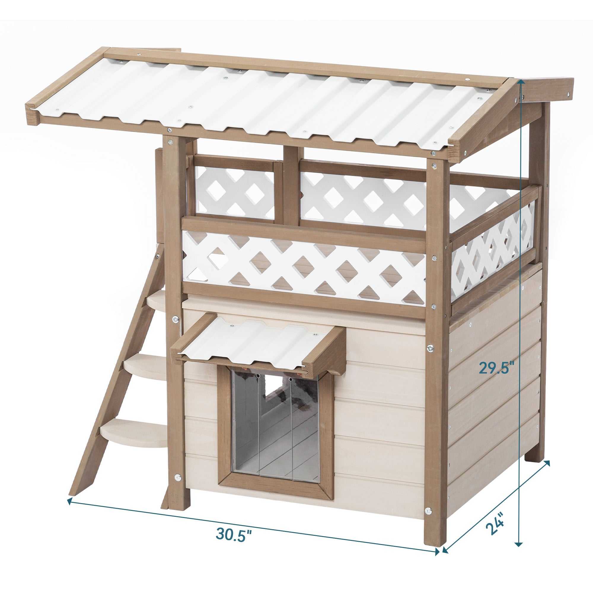 Feral Cat House designed for outdoor and indoor use, featuring a durable PVC roof, two-story design, escape door, and stairs for easy access.