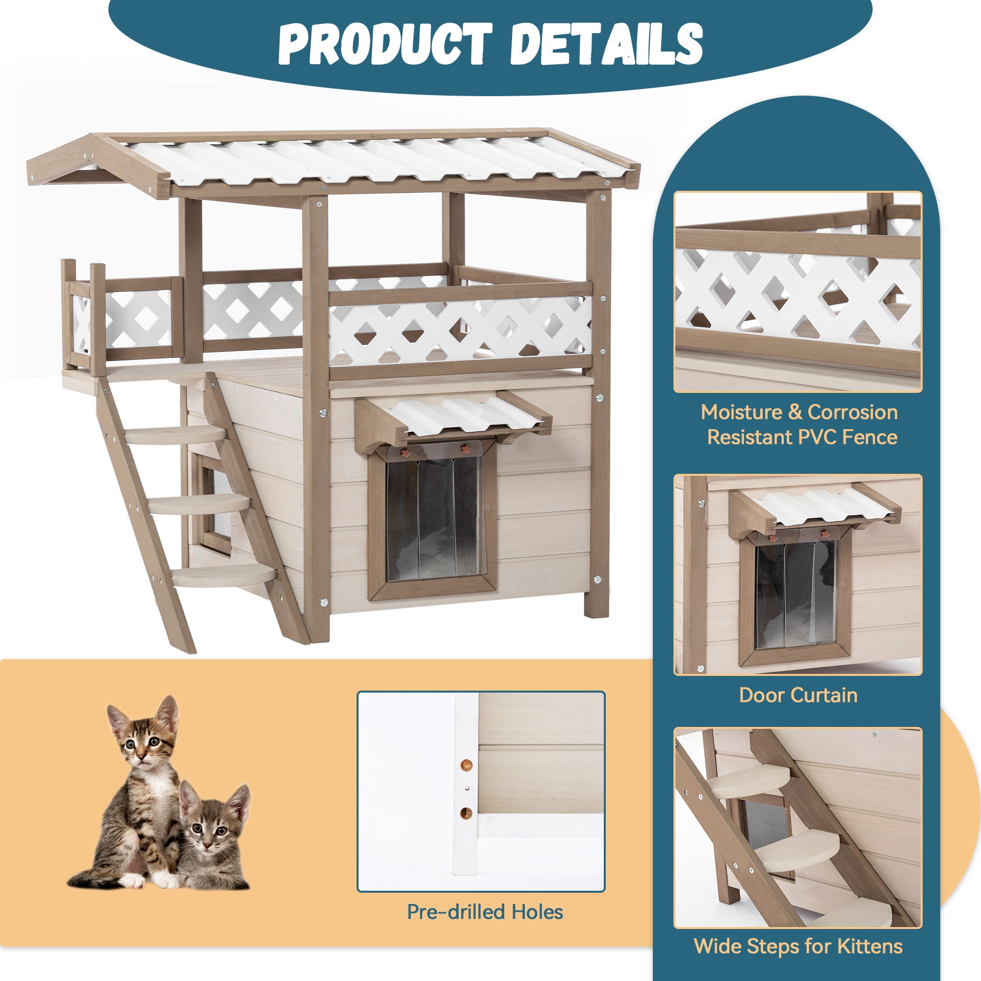 Feral Cat House designed for outdoor and indoor use, featuring a durable PVC roof, two-story design, escape door, and stairs for easy access.