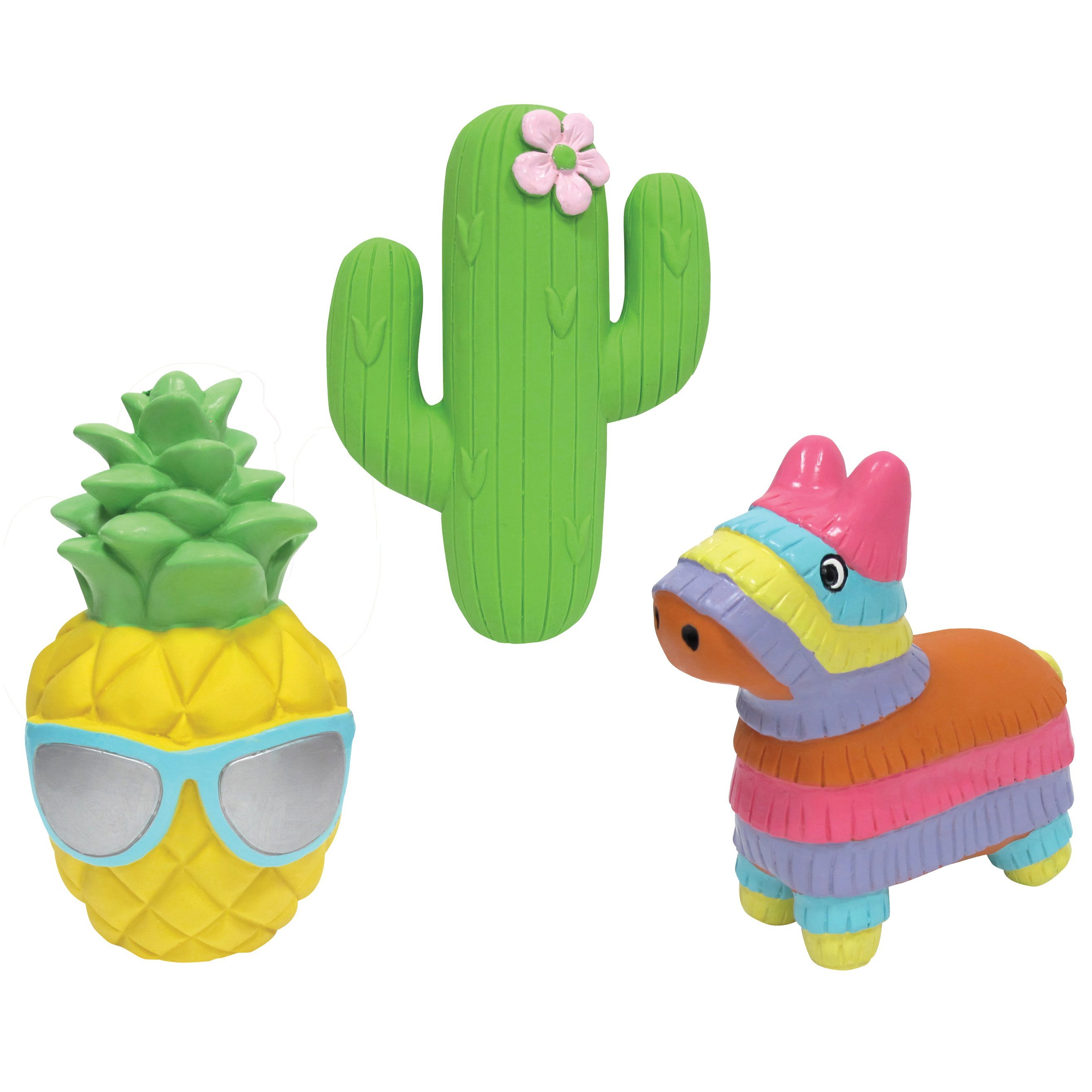 Colorful Fiesta Chew Toys shaped like Pineapple, Cactus, and Pinata, designed for safe chewing and play.