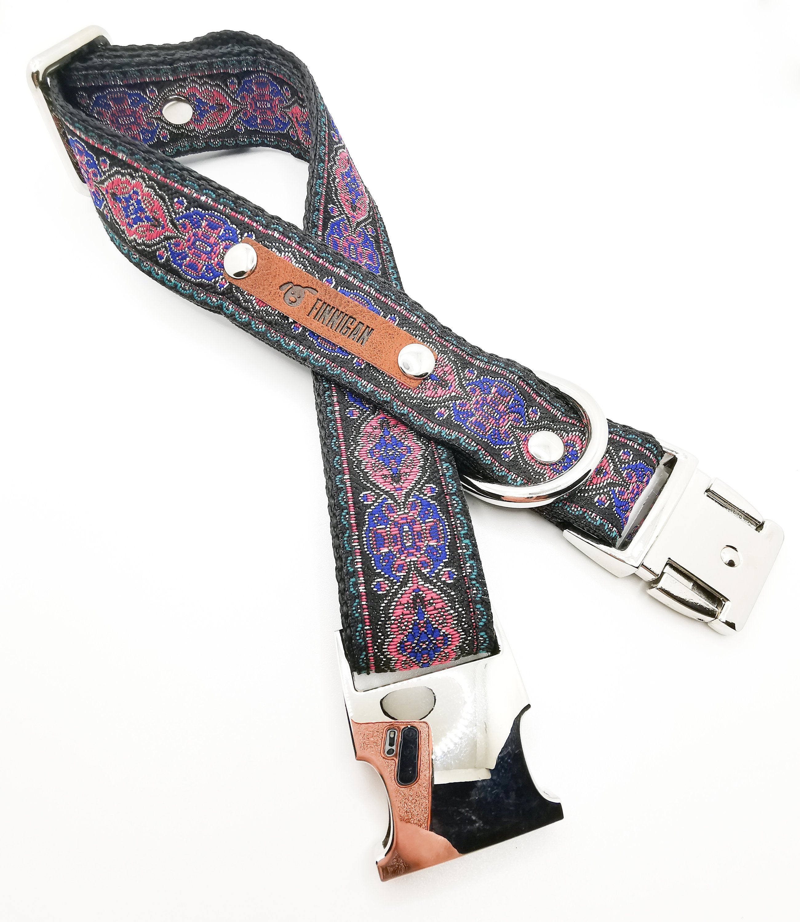 Finnigan Designer 7ft Dog Lead showcasing luxury nylon webbing and strong metal hardware, perfect for stylish dog walks.