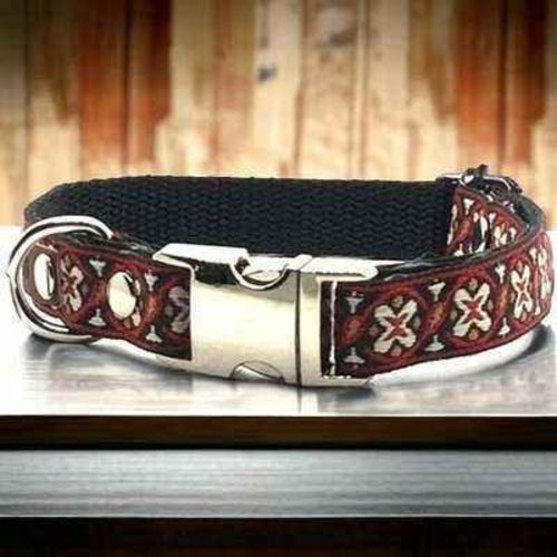 Finnigan Luxury Designer Dog Collar in vibrant fabric with aluminum hardware, showcasing its stylish design and durability.