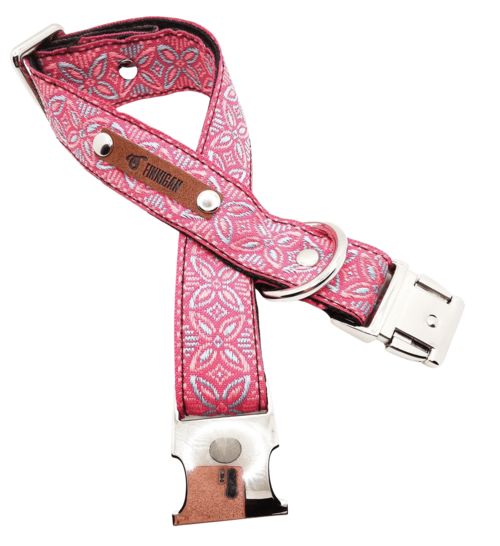 Finnigan's Designer Dog Collar No.11L, a stylish and durable collar for large dogs, featuring beautiful fabric and sturdy metal hardware.
