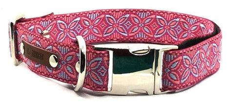 Finnigan's Designer Dog Collar No.11L, a stylish and durable collar for large dogs, featuring beautiful fabric and sturdy metal hardware.