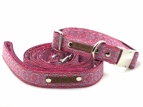 Finnigan's Designer Dog Collar No.11L, a stylish and durable collar for large dogs, featuring beautiful fabric and sturdy metal hardware.
