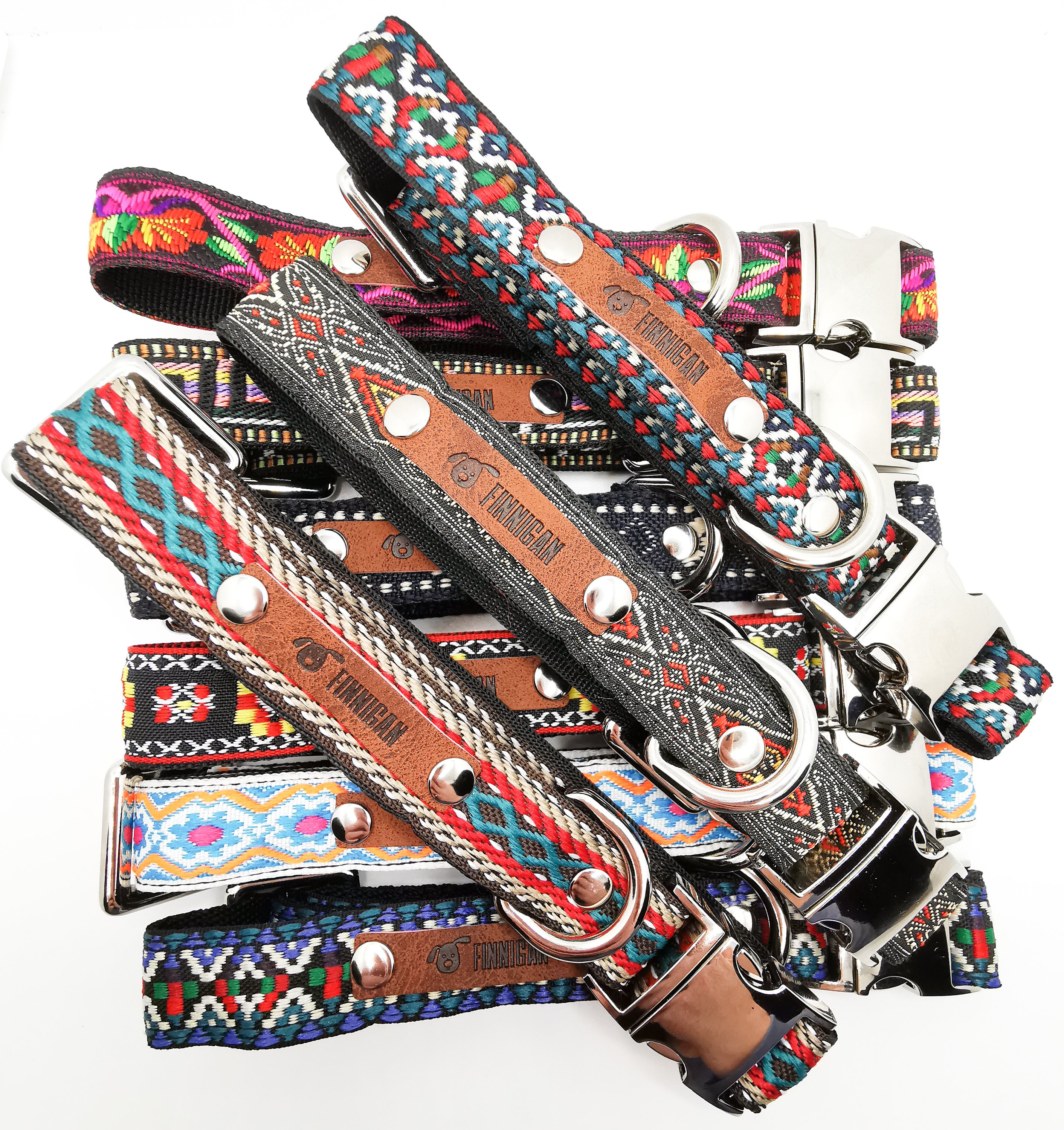 A stylish Finnigan's Personalised Designer Dog Collar featuring vibrant patterns and a custom engraved aluminium buckle, perfect for any dog.