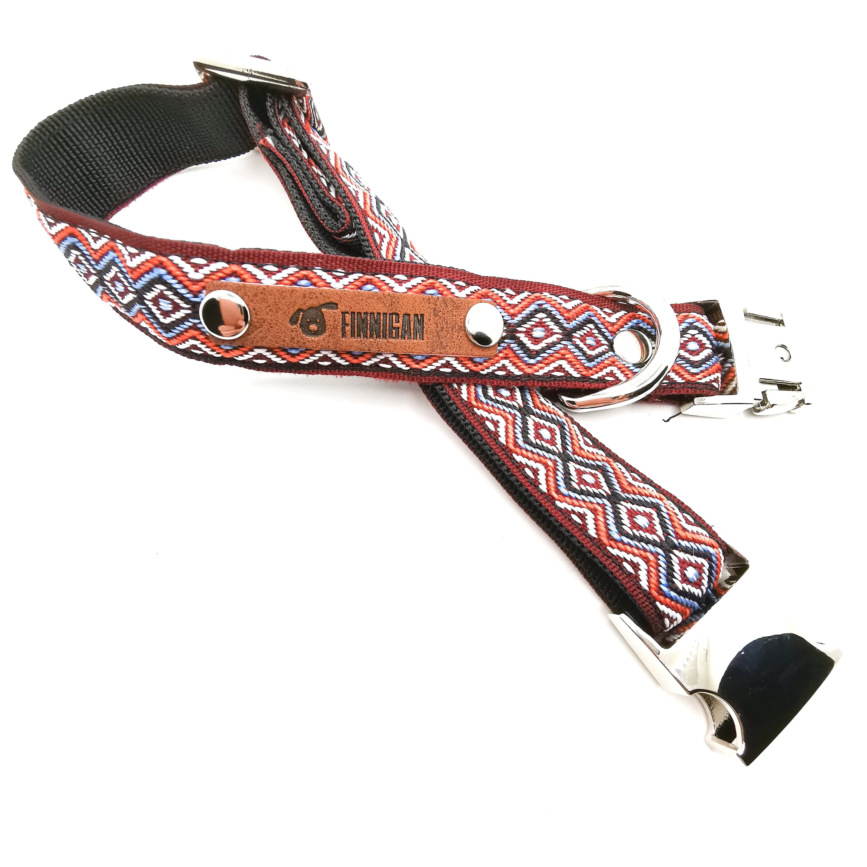 A stylish Finnigan's Personalised Designer Dog Collar featuring vibrant patterns and a custom engraved aluminium buckle, perfect for any dog.