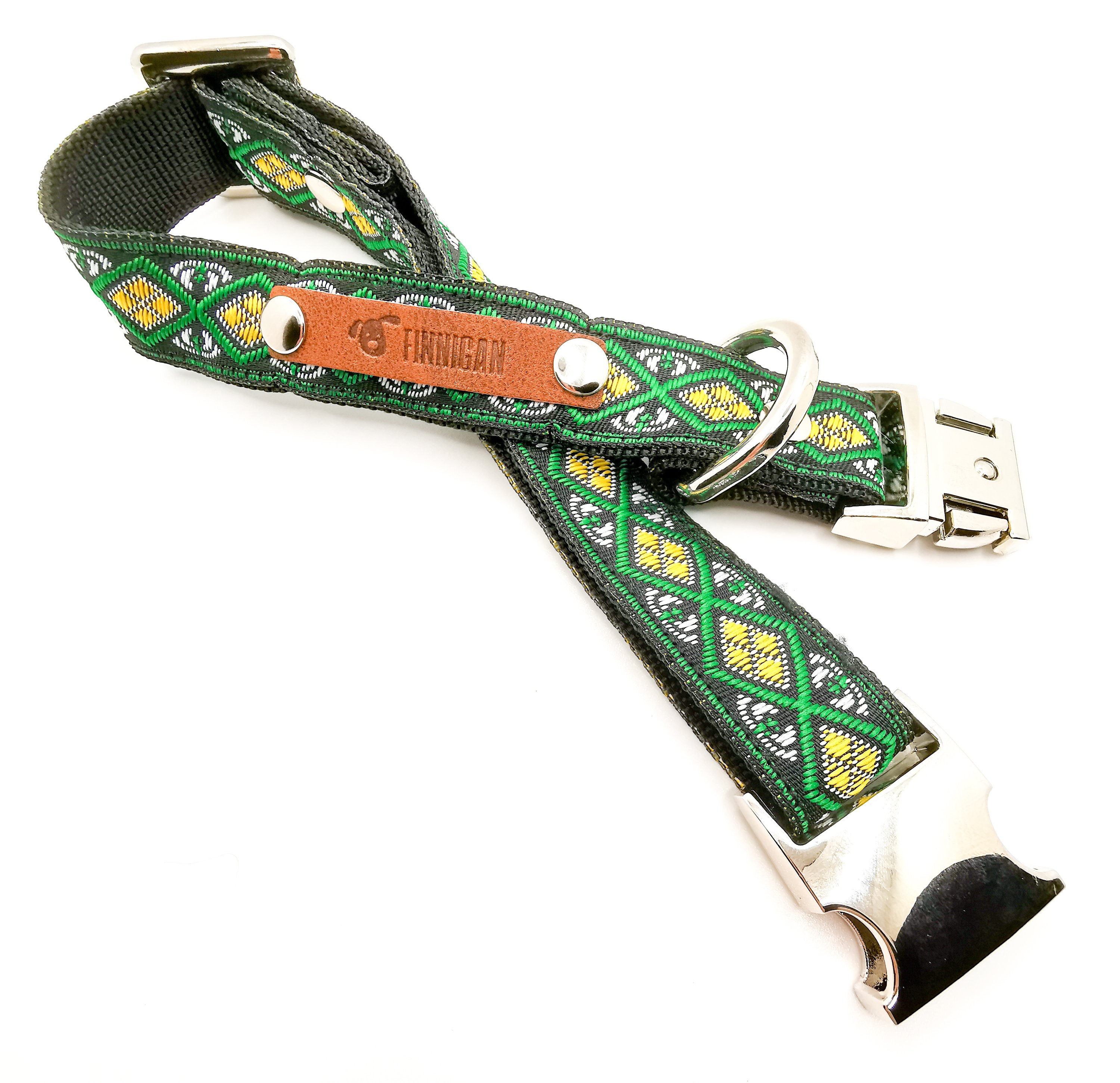 A stylish Finnigan's Personalised Designer Dog Collar featuring vibrant patterns and a custom engraved aluminium buckle, perfect for any dog.