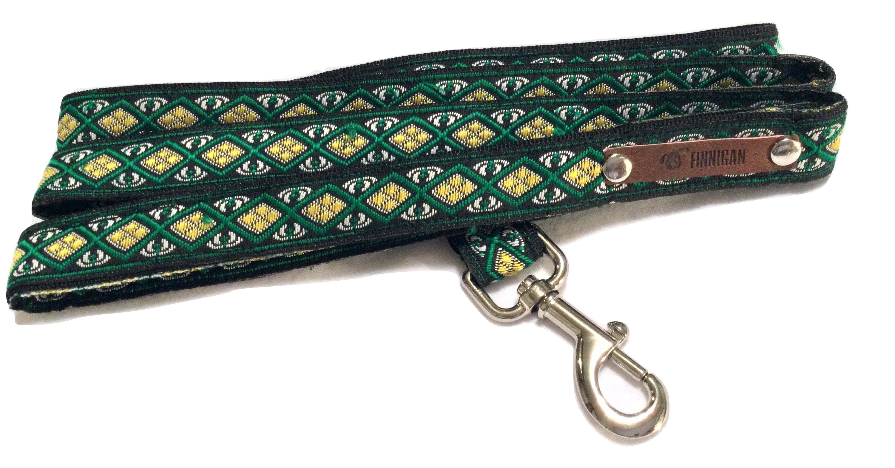 A stylish Finnigan's Personalised Designer Dog Collar featuring vibrant patterns and a custom engraved aluminium buckle, perfect for any dog.
