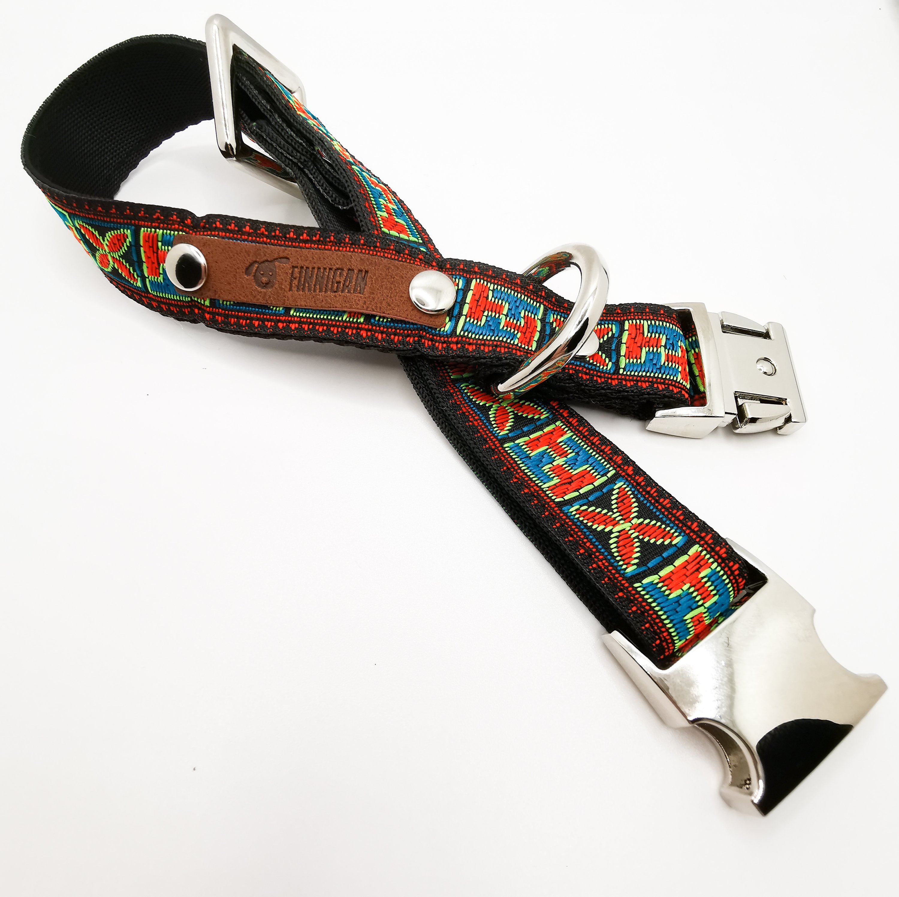 A stylish Finnigan's Personalised Designer Dog Collar featuring vibrant patterns and a custom engraved aluminium buckle, perfect for any dog.