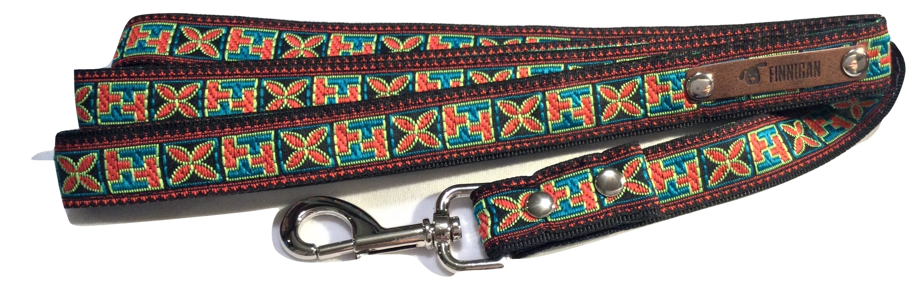 A stylish Finnigan's Personalised Designer Dog Collar featuring vibrant patterns and a custom engraved aluminium buckle, perfect for any dog.