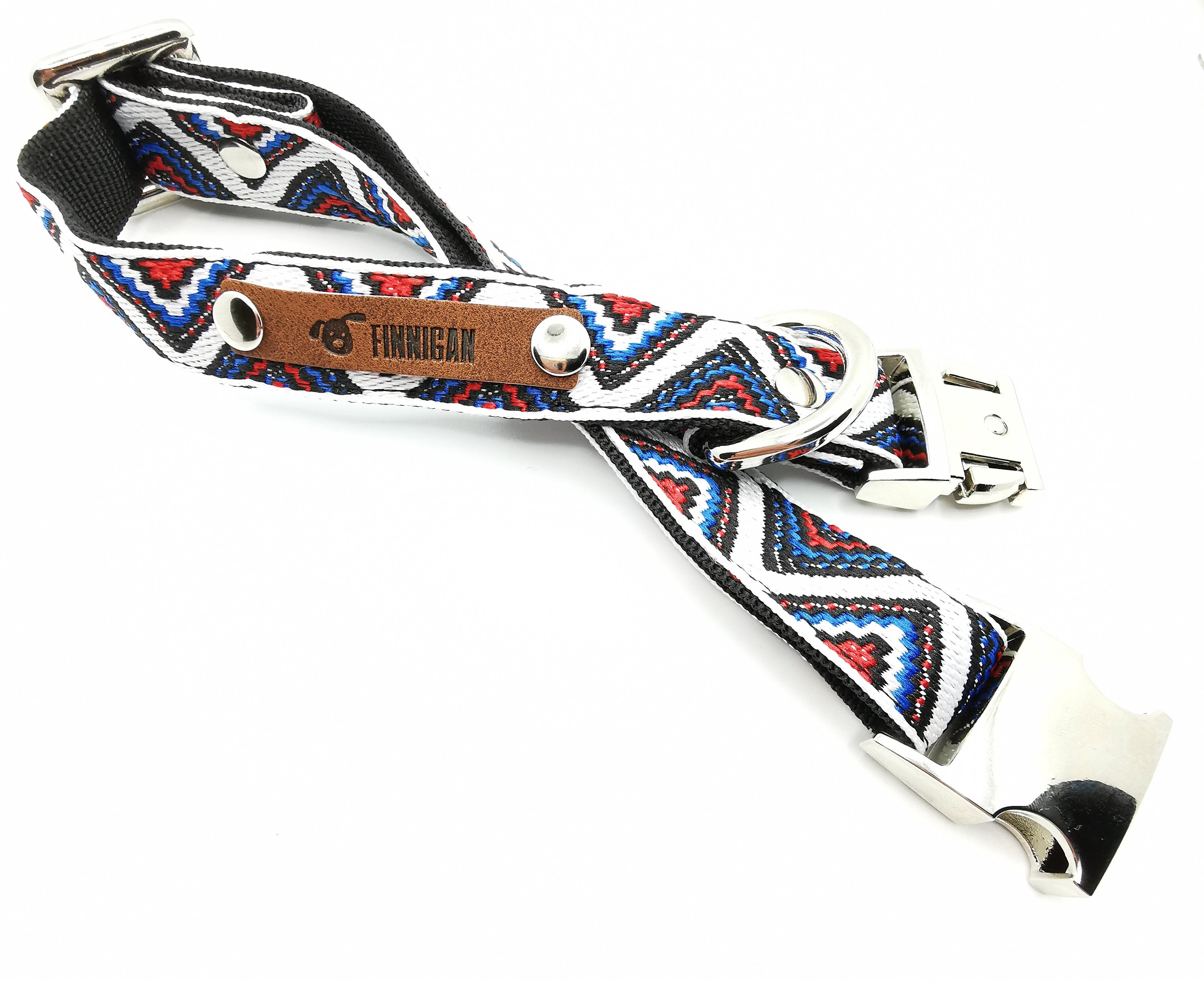 A stylish Finnigan's Personalised Designer Dog Collar featuring vibrant patterns and a custom engraved aluminium buckle, perfect for any dog.