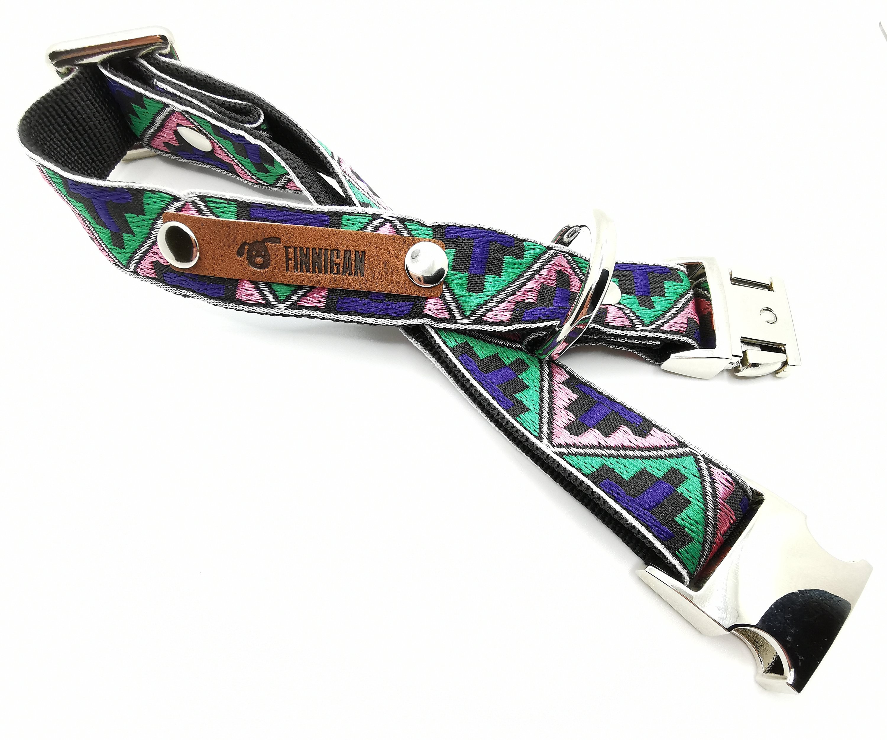 A stylish Finnigan's Personalised Designer Dog Collar featuring vibrant patterns and a custom engraved aluminium buckle, perfect for any dog.