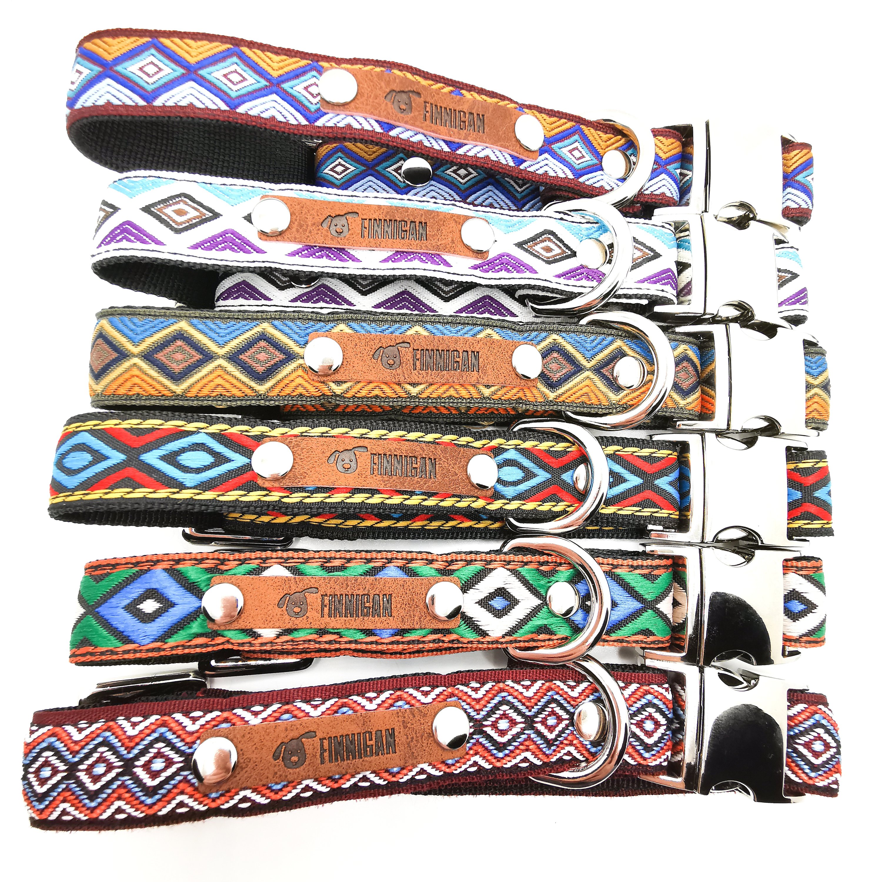 A stylish Finnigan's Personalised Designer Dog Collar featuring vibrant patterns and a custom engraved aluminium buckle, perfect for any dog.