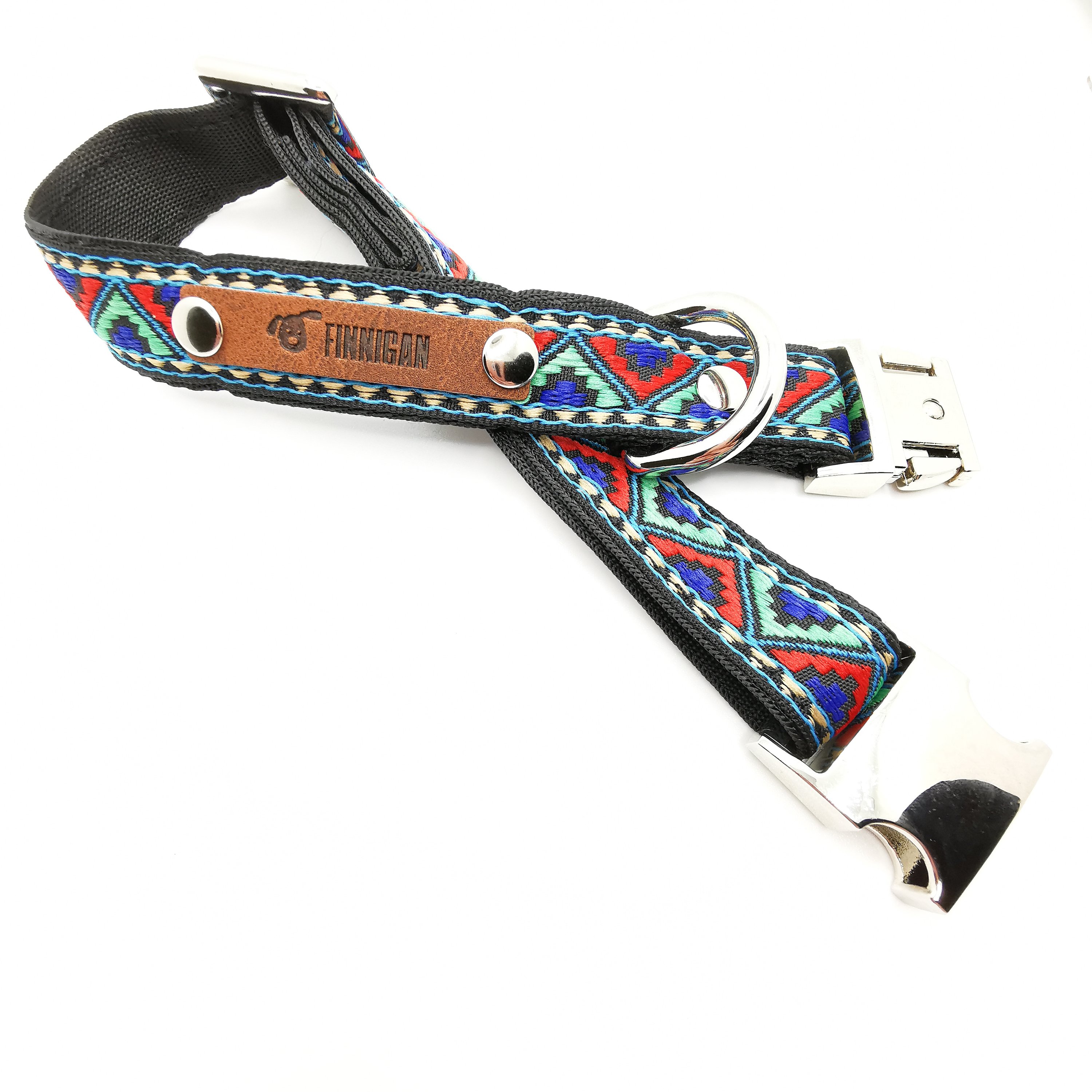 A stylish Finnigan's Personalised Designer Dog Collar featuring vibrant patterns and a custom engraved aluminium buckle, perfect for any dog.