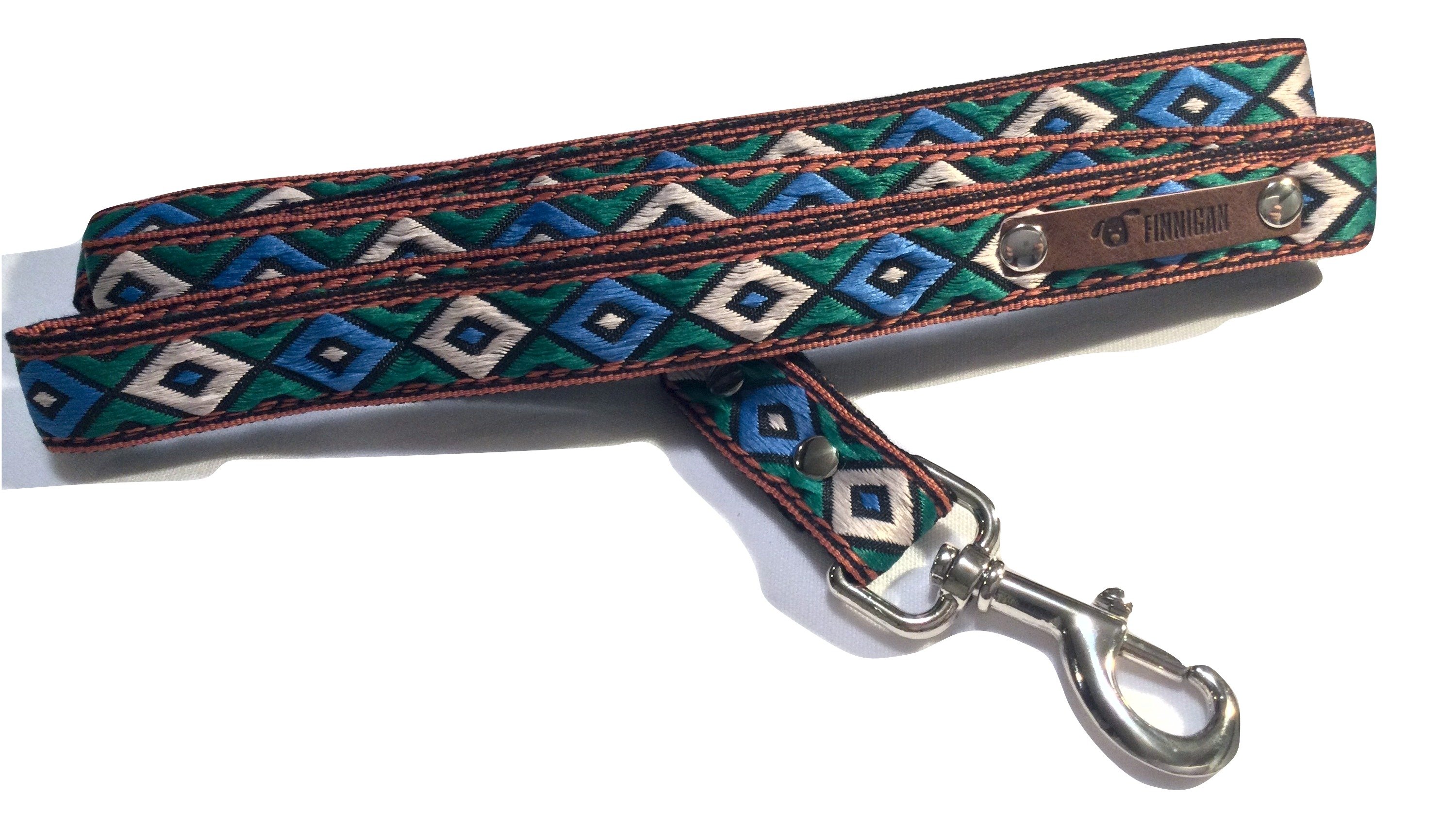 A stylish Finnigan's Personalised Designer Dog Collar featuring vibrant patterns and a custom engraved aluminium buckle, perfect for any dog.