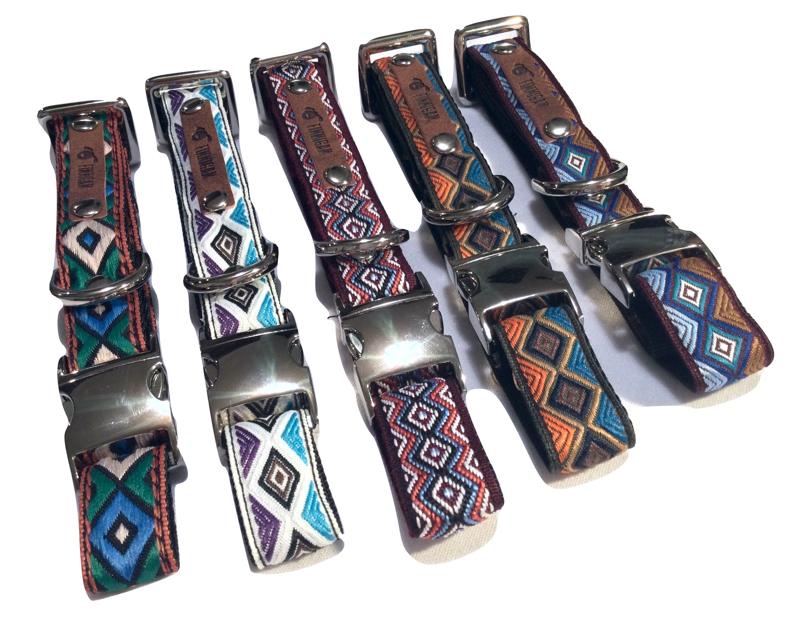 A stylish Finnigan's Personalised Designer Dog Collar featuring vibrant patterns and a custom engraved aluminium buckle, perfect for any dog.