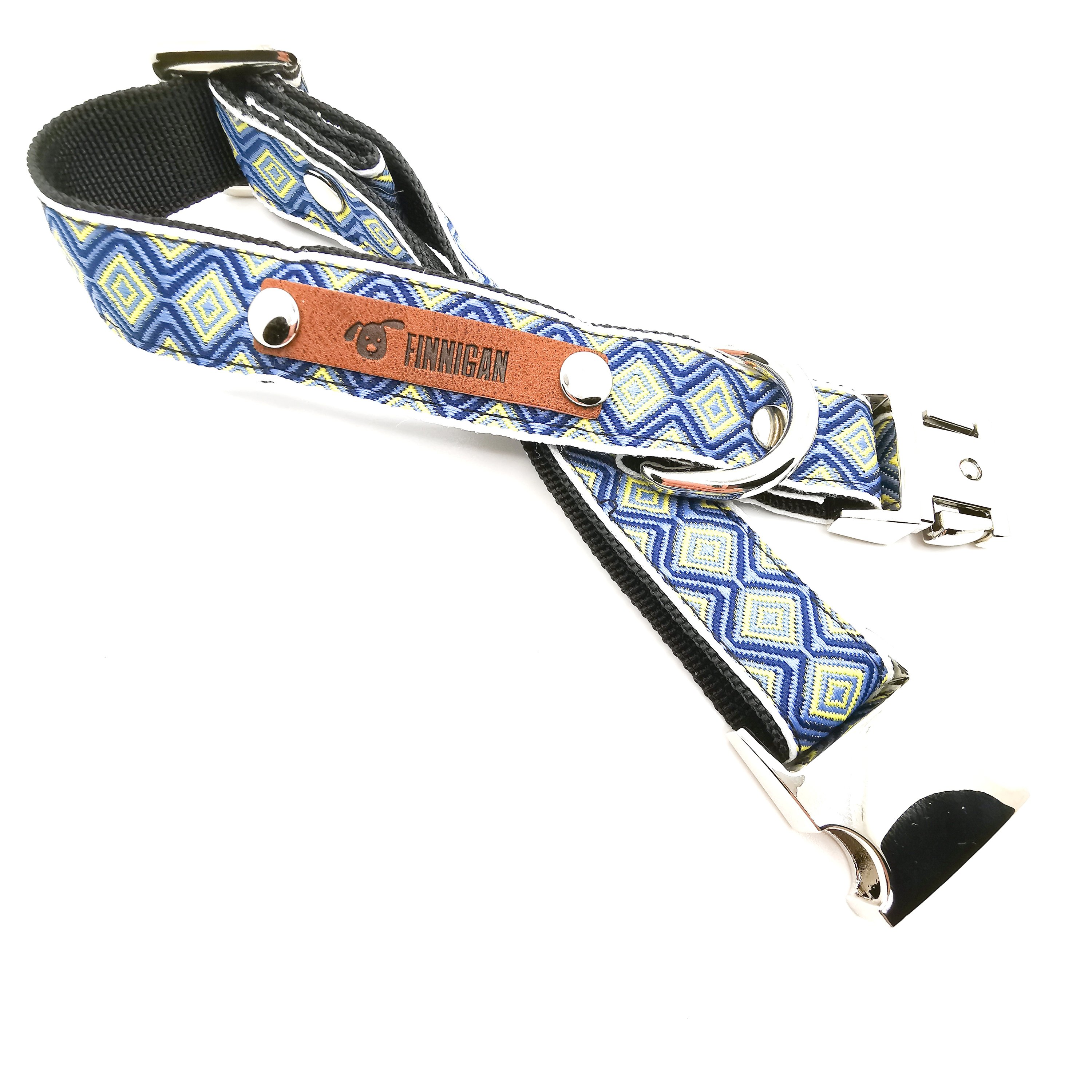 A stylish Finnigan's Personalised Designer Dog Collar featuring vibrant patterns and a custom engraved aluminium buckle, perfect for any dog.