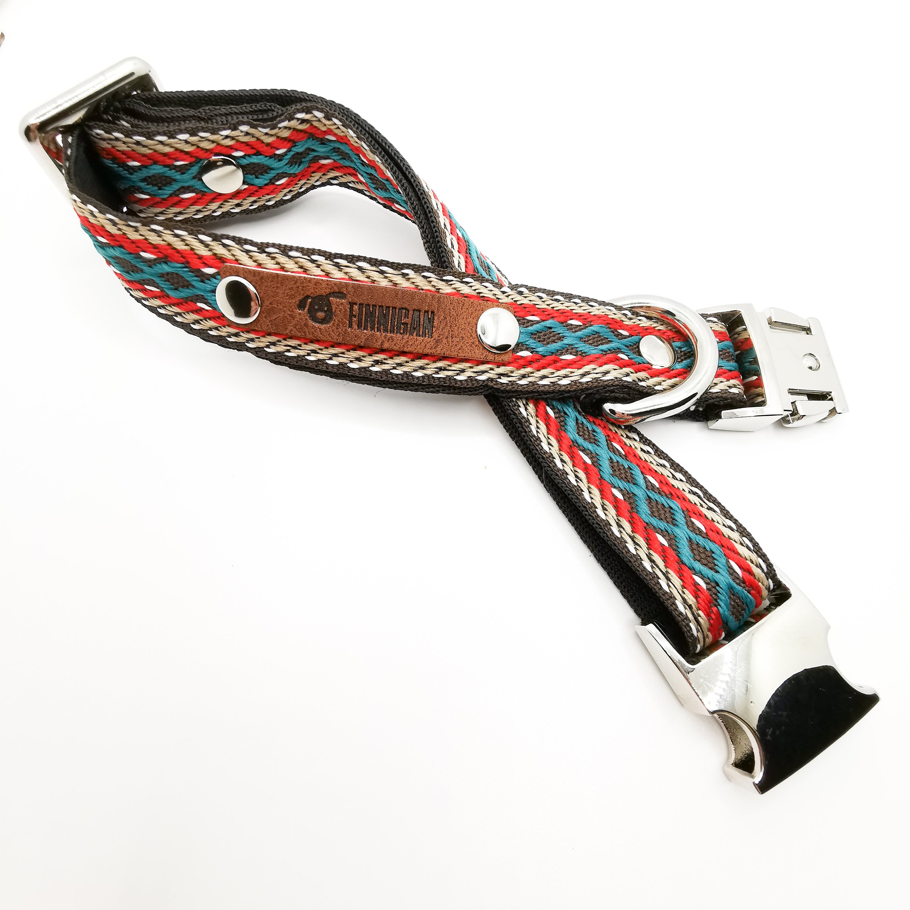 A stylish Finnigan's Personalised Designer Dog Collar featuring vibrant patterns and a custom engraved aluminium buckle, perfect for any dog.
